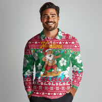 Maldives Christmas Long Sleeve Polo Shirt with Surfing Santa Claus Tropical Flowers and Holiday Wave - Wonder Print Shop