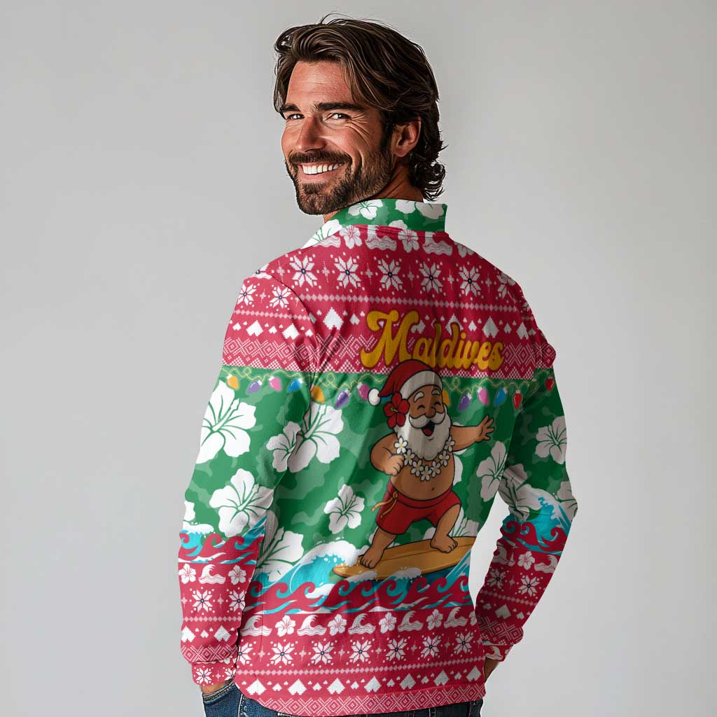 Maldives Christmas Long Sleeve Polo Shirt with Surfing Santa Claus Tropical Flowers and Holiday Wave - Wonder Print Shop