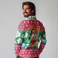 Maldives Christmas Long Sleeve Polo Shirt with Surfing Santa Claus Tropical Flowers and Holiday Wave - Wonder Print Shop