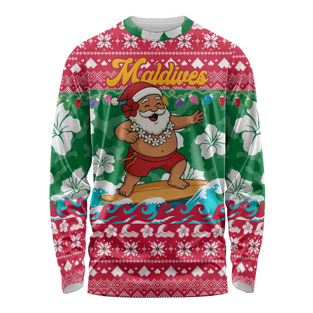 Maldives Christmas Long Sleeve Shirt with Surfing Santa Claus Tropical Flowers and Holiday Wave - Wonder Print Shop