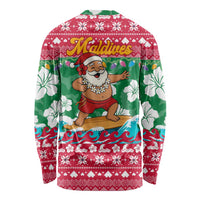 Maldives Christmas Long Sleeve Shirt with Surfing Santa Claus Tropical Flowers and Holiday Wave - Wonder Print Shop