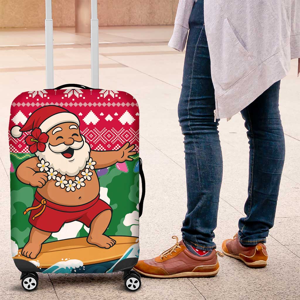Maldives Christmas Luggage Cover with Surfing Santa Claus Tropical Flowers and Holiday Wave - Wonder Print Shop