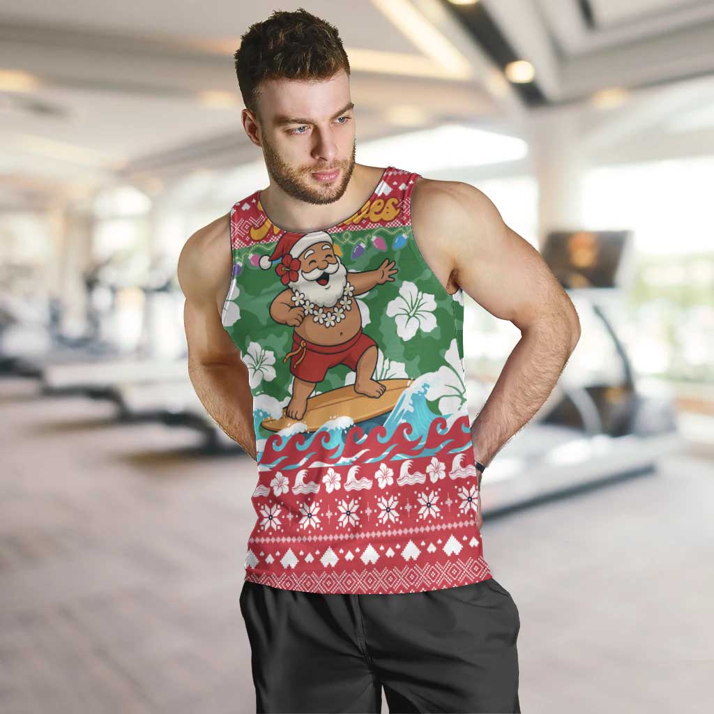 Maldives Christmas Men Tank Top with Surfing Santa Claus Tropical Flowers and Holiday Wave - Wonder Print Shop