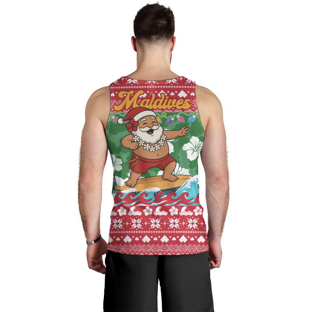 Maldives Christmas Men Tank Top with Surfing Santa Claus Tropical Flowers and Holiday Wave - Wonder Print Shop