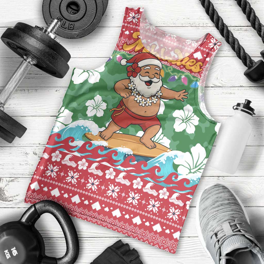 Maldives Christmas Men Tank Top with Surfing Santa Claus Tropical Flowers and Holiday Wave - Wonder Print Shop