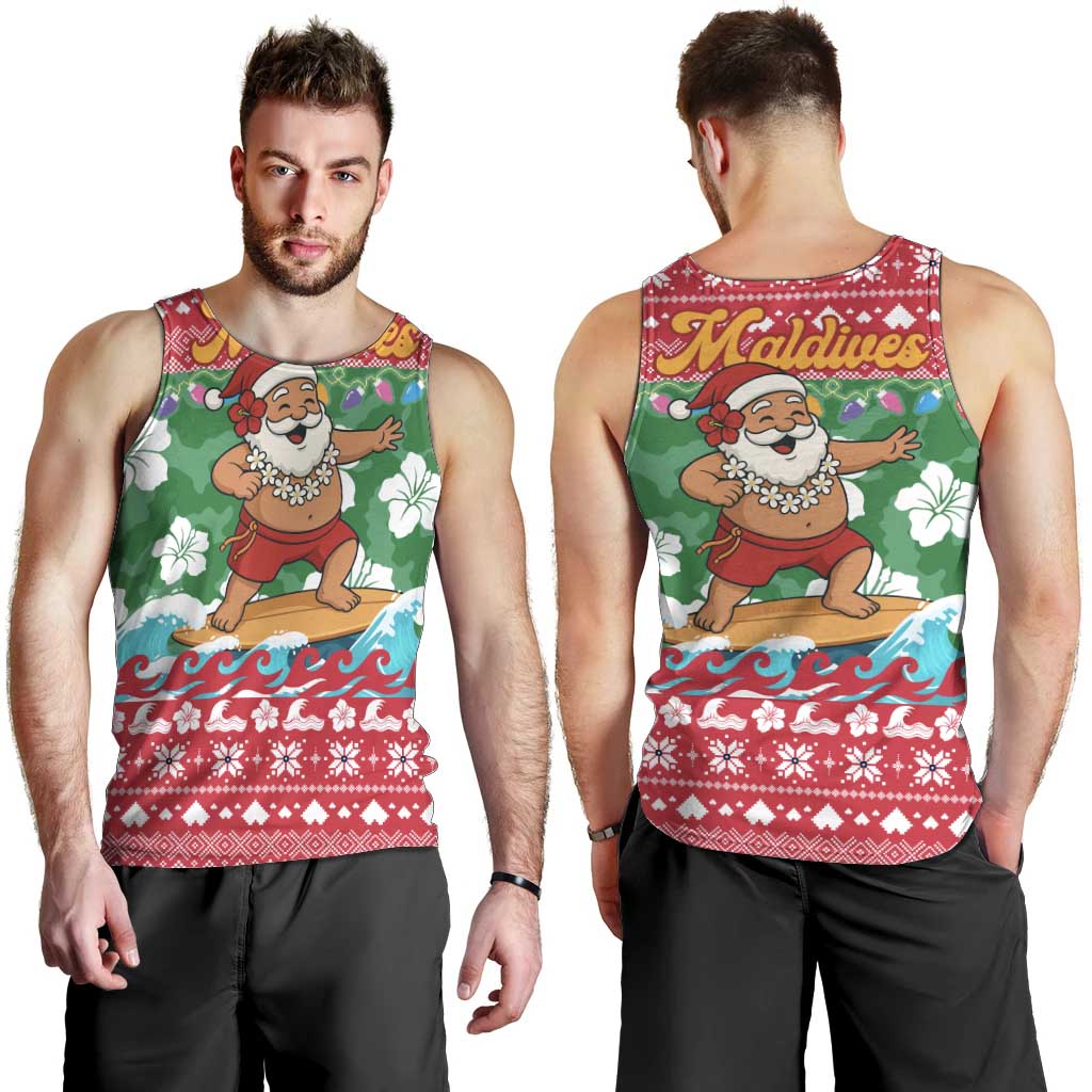 Maldives Christmas Men Tank Top with Surfing Santa Claus Tropical Flowers and Holiday Wave - Wonder Print Shop