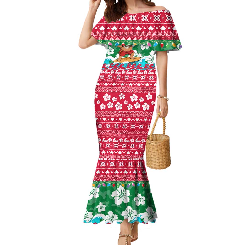 Maldives Christmas Mermaid Dress with Surfing Santa Claus Tropical Flowers and Holiday Wave - Wonder Print Shop