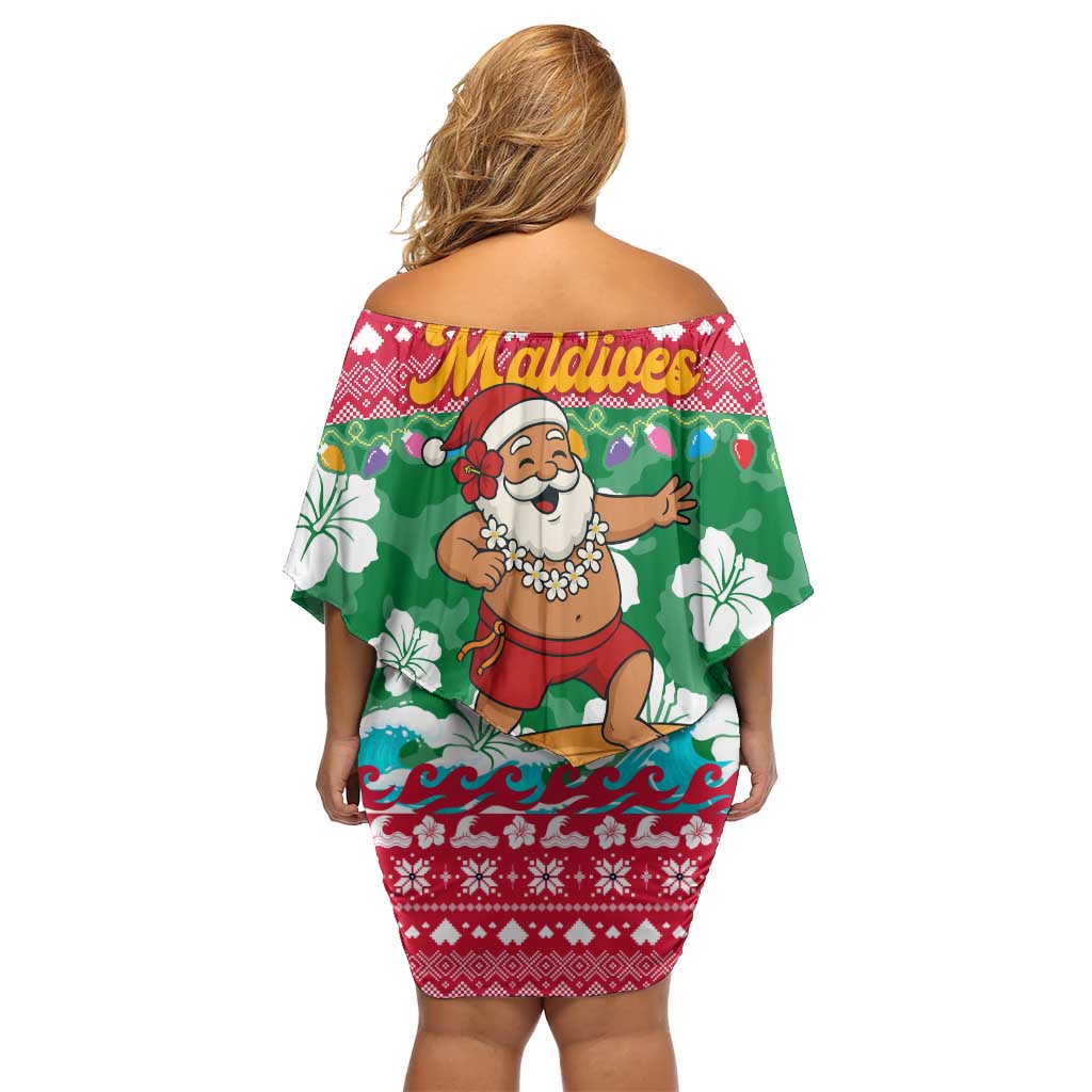 Maldives Christmas Off Shoulder Short Dress with Surfing Santa Claus Tropical Flowers and Holiday Wave - Wonder Print Shop