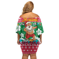 Maldives Christmas Off Shoulder Short Dress with Surfing Santa Claus Tropical Flowers and Holiday Wave - Wonder Print Shop