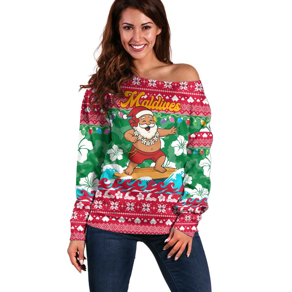 Maldives Christmas Off Shoulder Sweater with Surfing Santa Claus Tropical Flowers and Holiday Wave - Wonder Print Shop