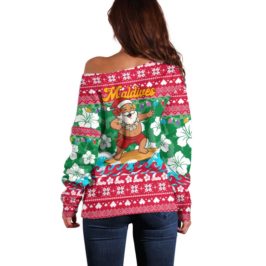 Maldives Christmas Off Shoulder Sweater with Surfing Santa Claus Tropical Flowers and Holiday Wave - Wonder Print Shop