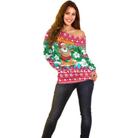 Maldives Christmas Off Shoulder Sweater with Surfing Santa Claus Tropical Flowers and Holiday Wave - Wonder Print Shop