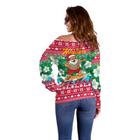Maldives Christmas Off Shoulder Sweater with Surfing Santa Claus Tropical Flowers and Holiday Wave - Wonder Print Shop