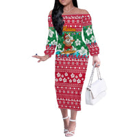 Maldives Christmas Off The Shoulder Long Sleeve Dress with Surfing Santa Claus Tropical Flowers and Holiday Wave - Wonder Print Shop