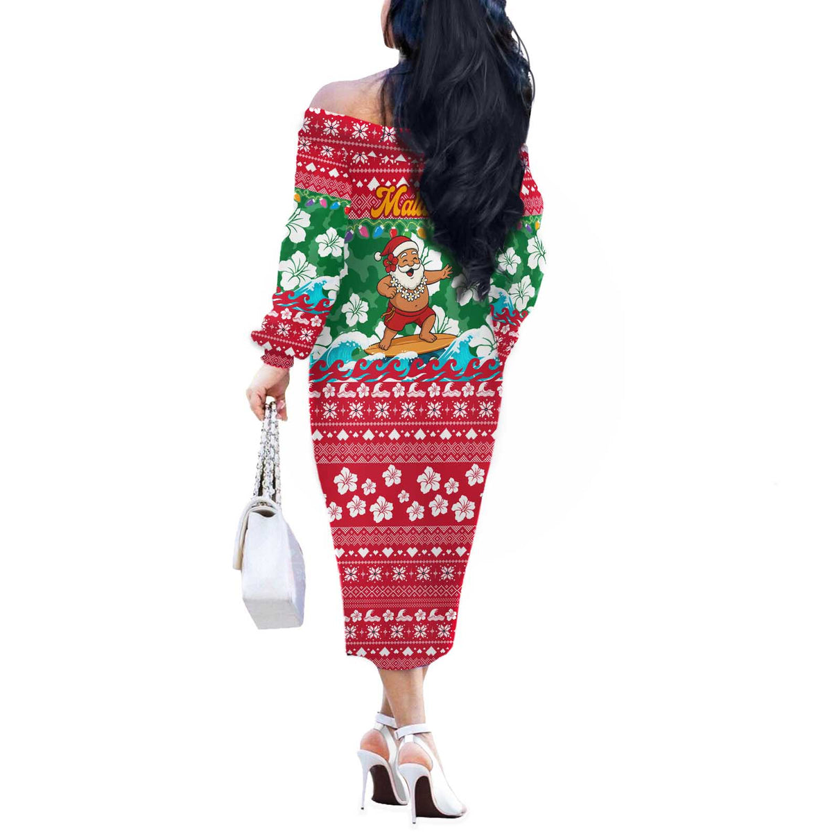 Maldives Christmas Off The Shoulder Long Sleeve Dress with Surfing Santa Claus Tropical Flowers and Holiday Wave - Wonder Print Shop