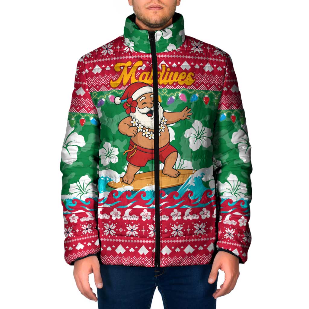 Maldives Christmas Padded Jacket with Surfing Santa Claus Tropical Flowers and Holiday Wave - Wonder Print Shop