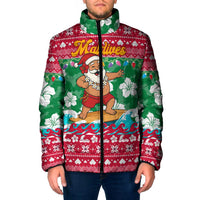 Maldives Christmas Padded Jacket with Surfing Santa Claus Tropical Flowers and Holiday Wave - Wonder Print Shop