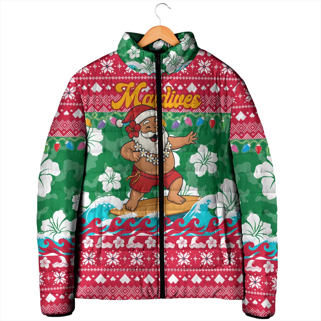 Maldives Christmas Padded Jacket with Surfing Santa Claus Tropical Flowers and Holiday Wave - Wonder Print Shop
