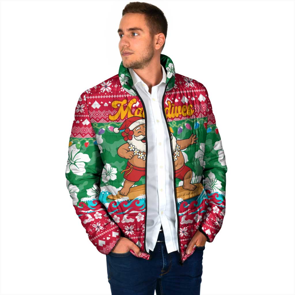 Maldives Christmas Padded Jacket with Surfing Santa Claus Tropical Flowers and Holiday Wave - Wonder Print Shop