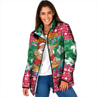 Maldives Christmas Padded Jacket with Surfing Santa Claus Tropical Flowers and Holiday Wave - Wonder Print Shop