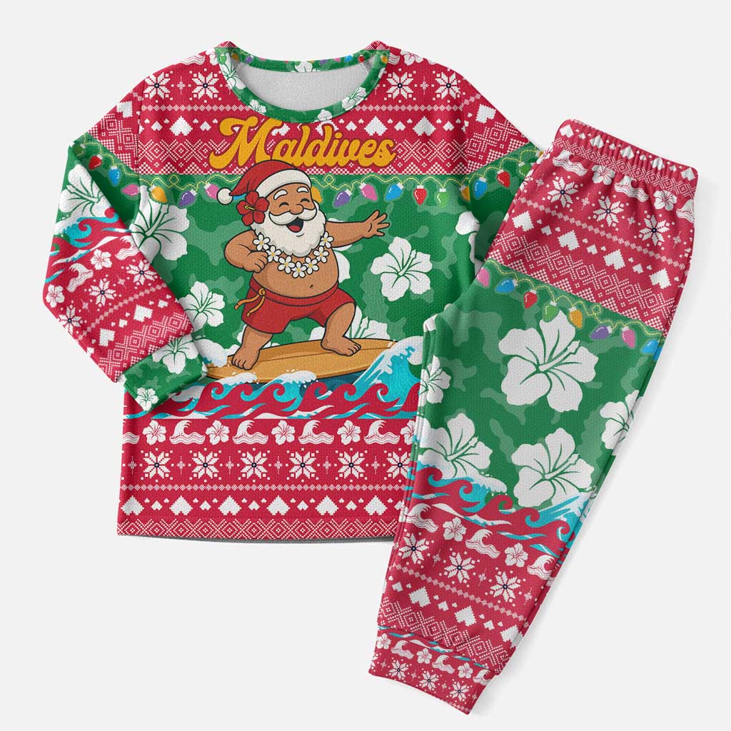 Maldives Christmas Pajama Set with Surfing Santa Claus Tropical Flowers and Holiday Wave - Wonder Print Shop