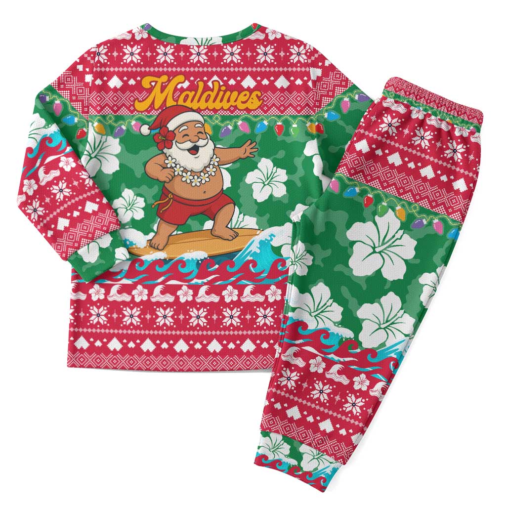 Maldives Christmas Pajama Set with Surfing Santa Claus Tropical Flowers and Holiday Wave - Wonder Print Shop
