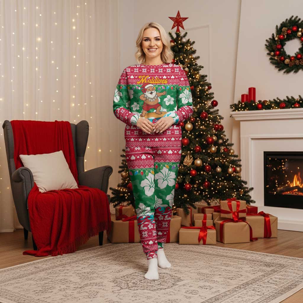 Maldives Christmas Pajama Set with Surfing Santa Claus Tropical Flowers and Holiday Wave - Wonder Print Shop