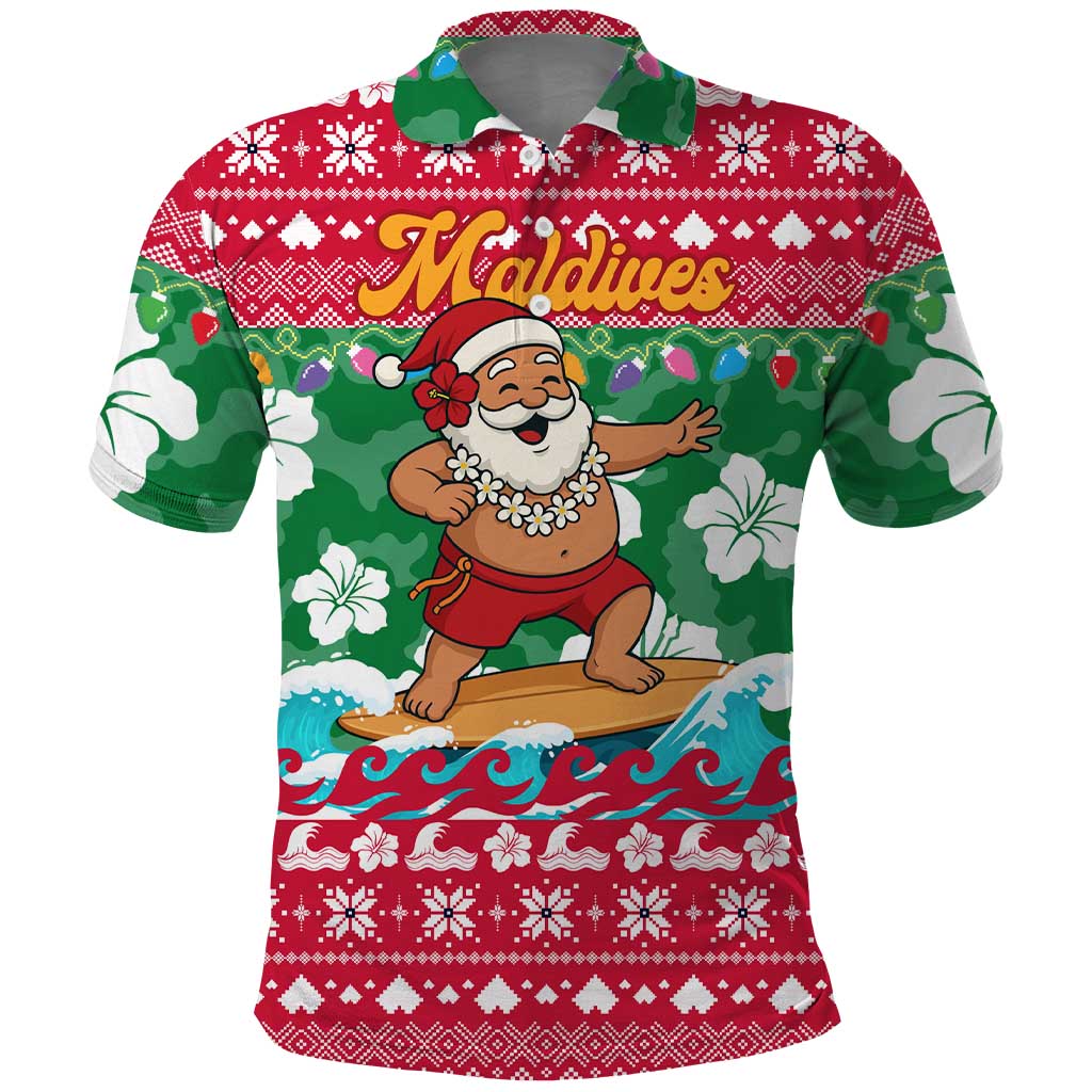 Maldives Christmas Polo Shirt with Surfing Santa Claus Tropical Flowers and Holiday Wave - Wonder Print Shop