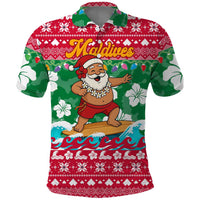 Maldives Christmas Polo Shirt with Surfing Santa Claus Tropical Flowers and Holiday Wave - Wonder Print Shop