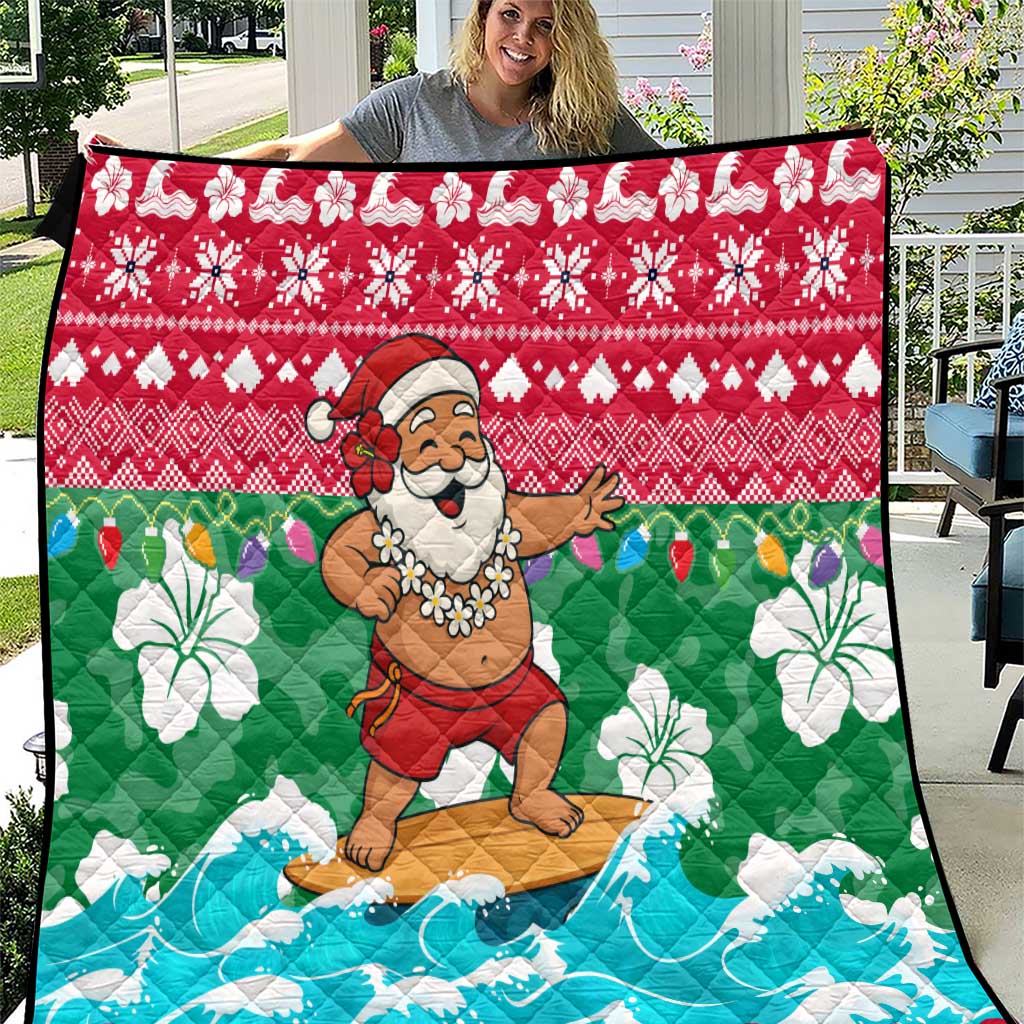 Maldives Christmas Quilt with Surfing Santa Claus Tropical Flowers and Holiday Wave - Wonder Print Shop