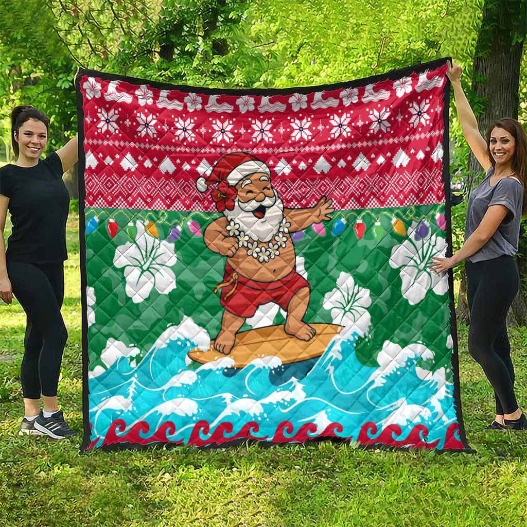 Maldives Christmas Quilt with Surfing Santa Claus Tropical Flowers and Holiday Wave - Wonder Print Shop