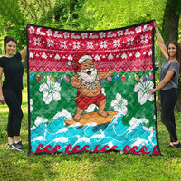 Maldives Christmas Quilt with Surfing Santa Claus Tropical Flowers and Holiday Wave - Wonder Print Shop