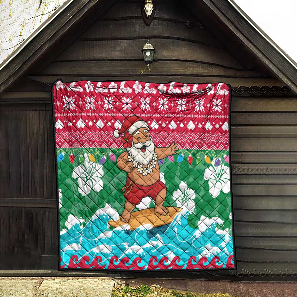 Maldives Christmas Quilt with Surfing Santa Claus Tropical Flowers and Holiday Wave - Wonder Print Shop