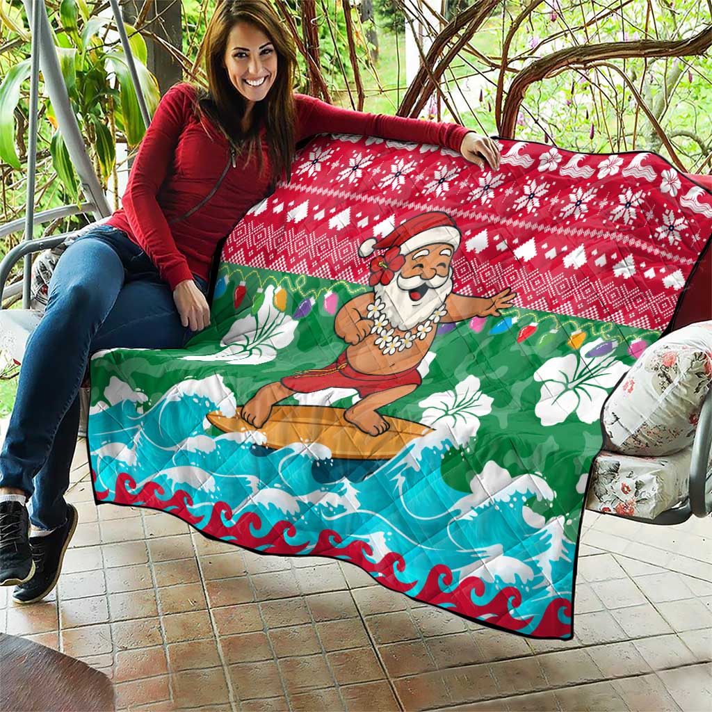 Maldives Christmas Quilt with Surfing Santa Claus Tropical Flowers and Holiday Wave - Wonder Print Shop