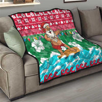 Maldives Christmas Quilt with Surfing Santa Claus Tropical Flowers and Holiday Wave - Wonder Print Shop