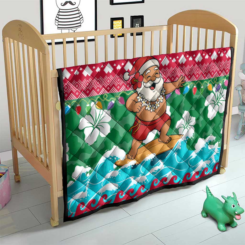 Maldives Christmas Quilt with Surfing Santa Claus Tropical Flowers and Holiday Wave - Wonder Print Shop