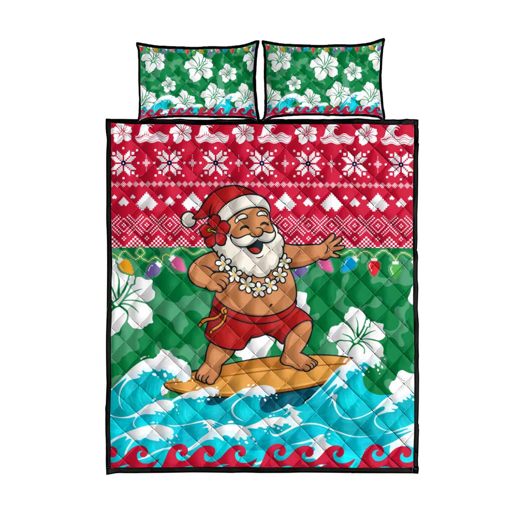 Maldives Christmas Quilt Bed Set with Surfing Santa Claus Tropical Flowers and Holiday Wave - Wonder Print Shop