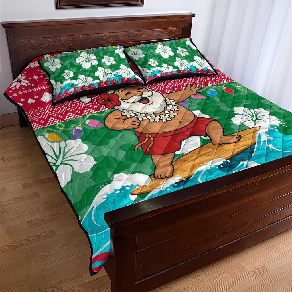 Maldives Christmas Quilt Bed Set with Surfing Santa Claus Tropical Flowers and Holiday Wave - Wonder Print Shop