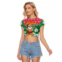 Maldives Christmas Raglan Cropped T Shirt with Surfing Santa Claus Tropical Flowers and Holiday Wave - Wonder Print Shop
