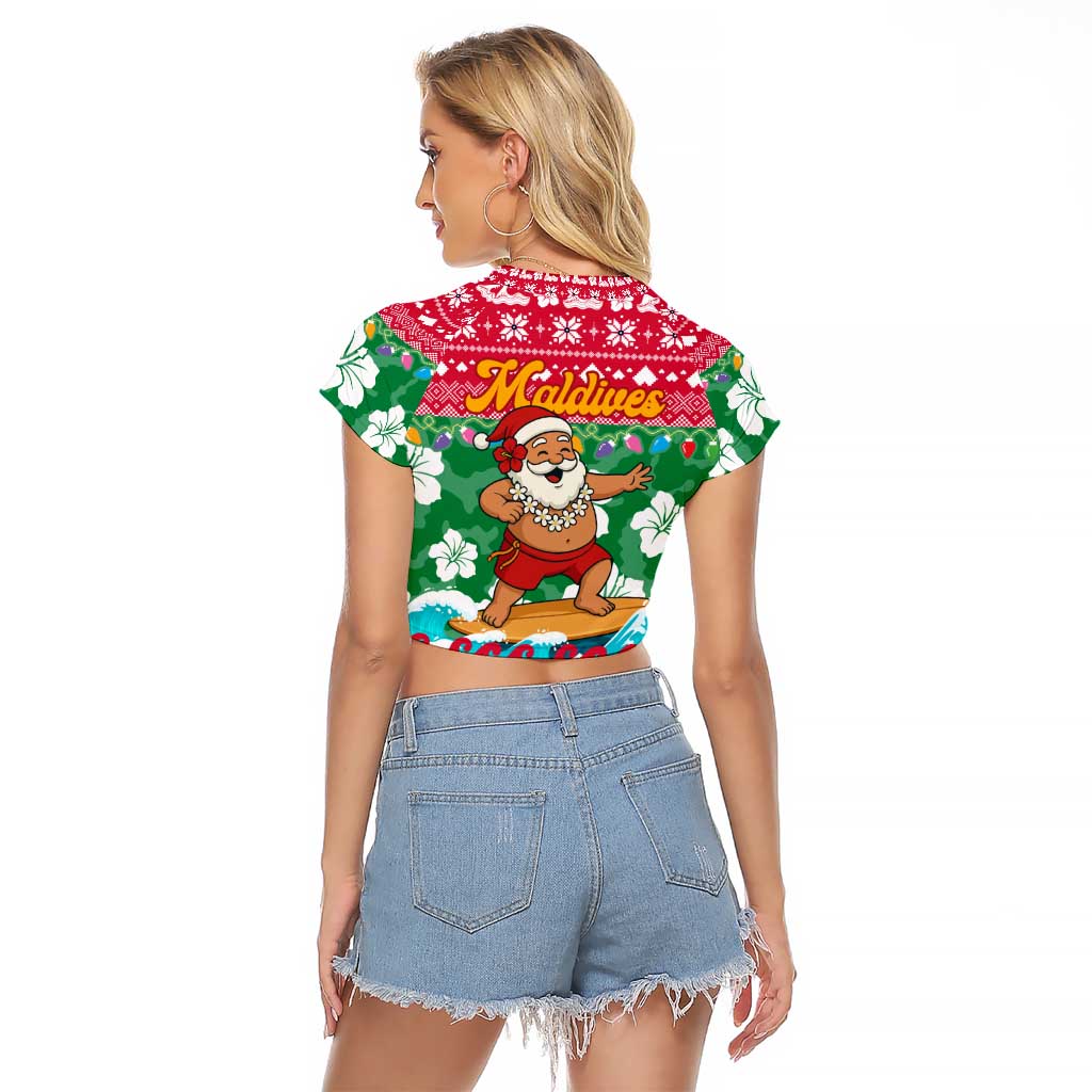 Maldives Christmas Raglan Cropped T Shirt with Surfing Santa Claus Tropical Flowers and Holiday Wave - Wonder Print Shop