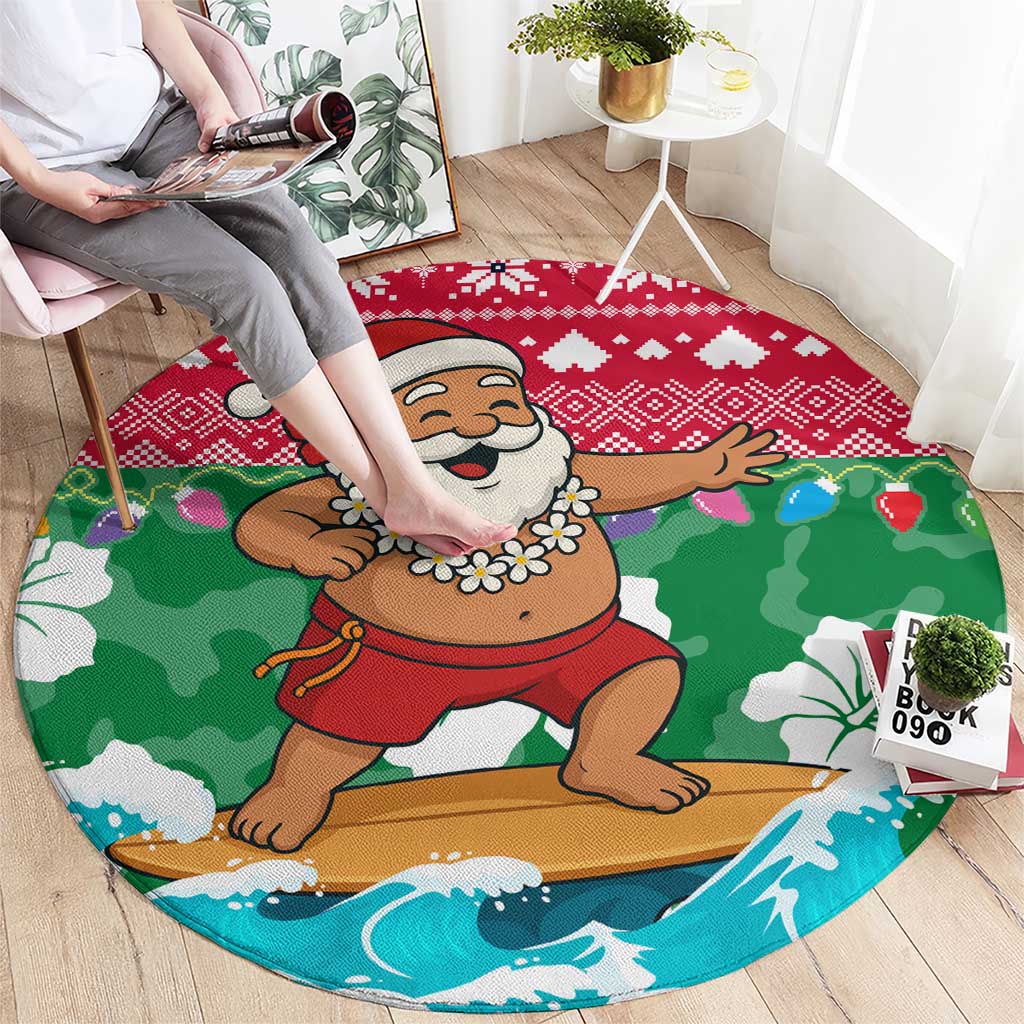 Maldives Christmas Round Carpet with Surfing Santa Claus Tropical Flowers and Holiday Wave - Wonder Print Shop