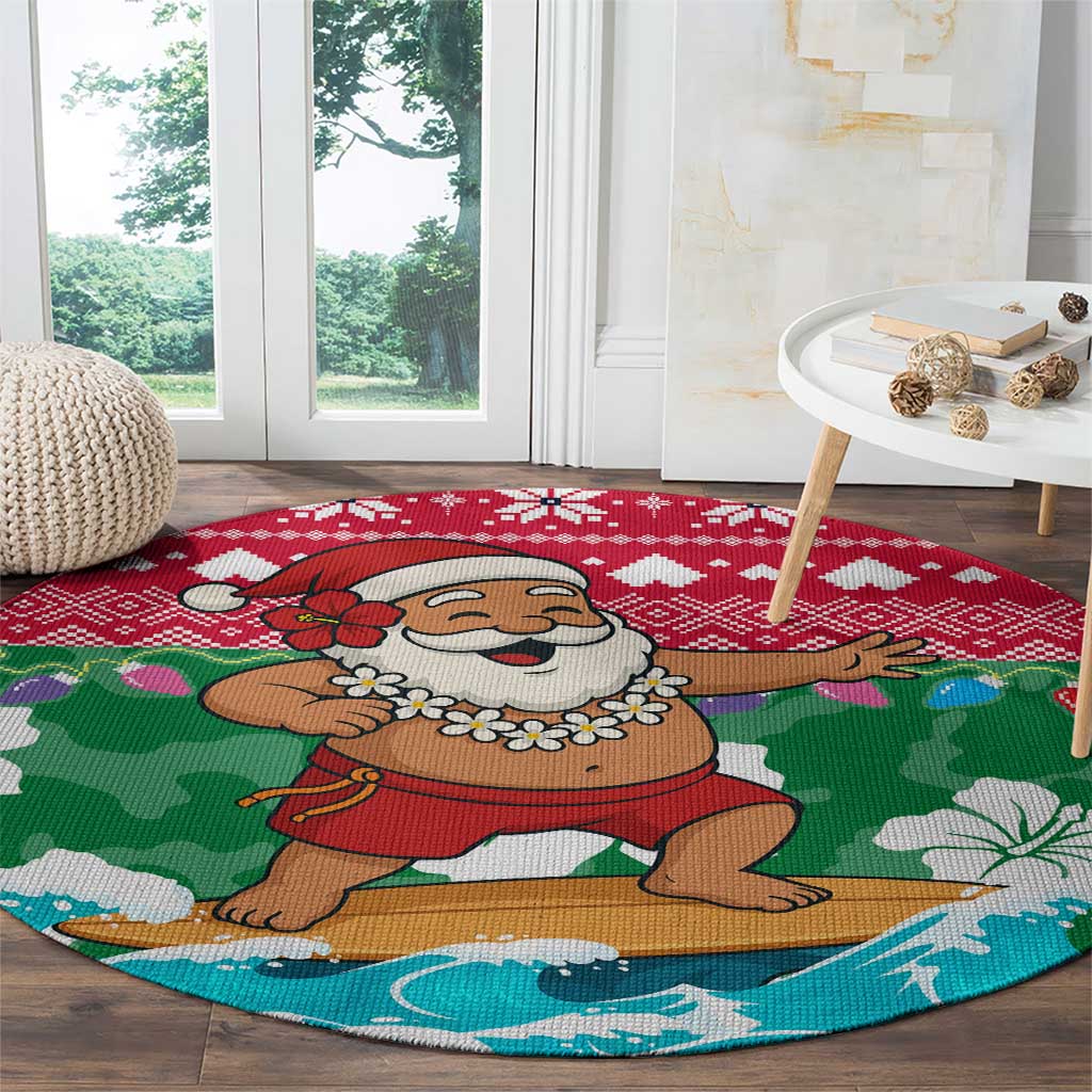 Maldives Christmas Round Carpet with Surfing Santa Claus Tropical Flowers and Holiday Wave - Wonder Print Shop