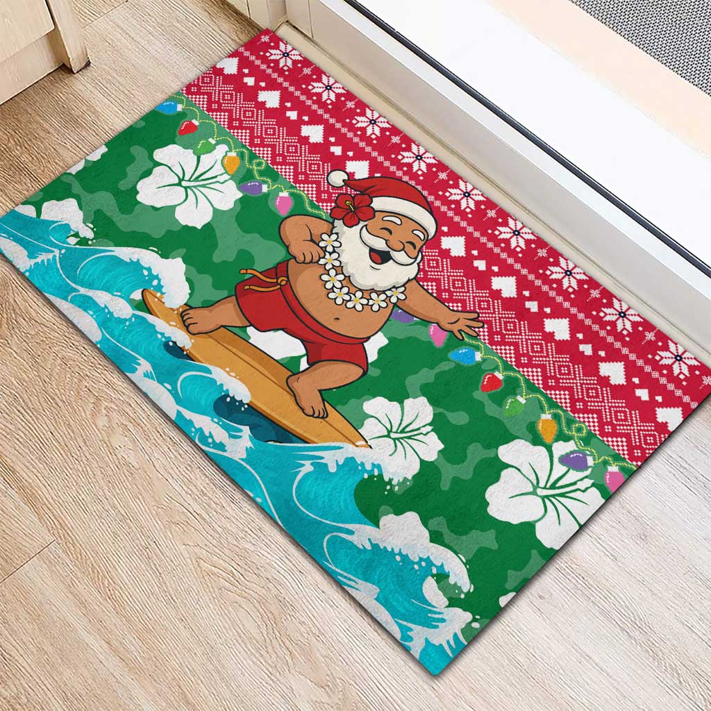 Maldives Christmas Rubber Doormat with Surfing Santa Claus Tropical Flowers and Holiday Wave - Wonder Print Shop
