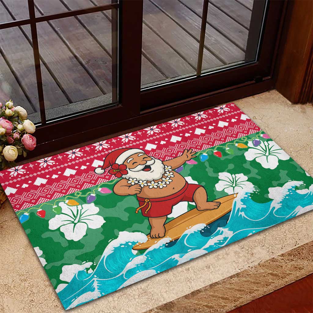 Maldives Christmas Rubber Doormat with Surfing Santa Claus Tropical Flowers and Holiday Wave - Wonder Print Shop