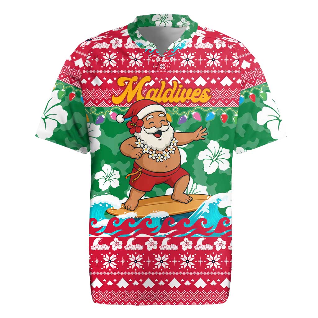 Maldives Christmas Rugby Jersey with Surfing Santa Claus Tropical Flowers and Holiday Wave - Wonder Print Shop