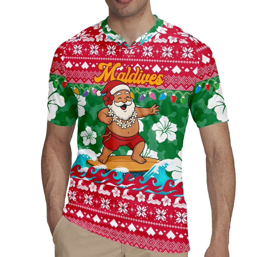 Maldives Christmas Rugby Jersey with Surfing Santa Claus Tropical Flowers and Holiday Wave - Wonder Print Shop