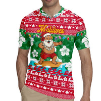 Maldives Christmas Rugby Jersey with Surfing Santa Claus Tropical Flowers and Holiday Wave - Wonder Print Shop