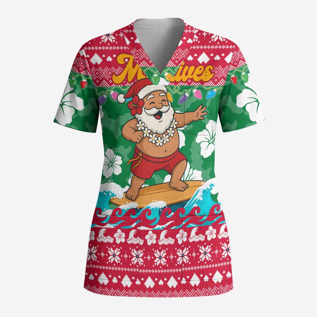 Maldives Christmas Scrub Top with Surfing Santa Claus Tropical Flowers and Holiday Wave - Wonder Print Shop