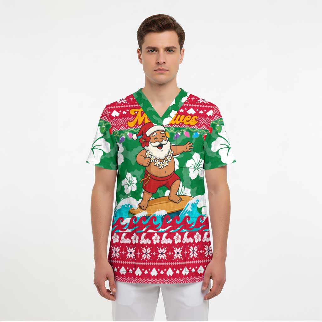 Maldives Christmas Scrub Top with Surfing Santa Claus Tropical Flowers and Holiday Wave - Wonder Print Shop