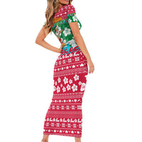 Maldives Christmas Short Sleeve Bodycon Dress with Surfing Santa Claus Tropical Flowers and Holiday Wave - Wonder Print Shop